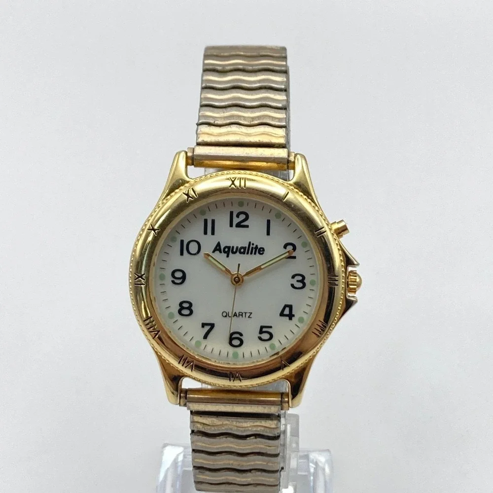 Vintage Aqualite Men's Watch 36mm Gold Tone Backlight Stretch Band New Battery
